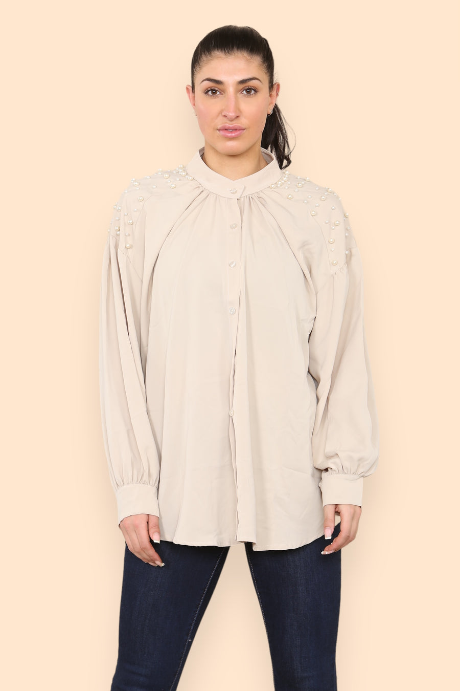 Pearls Studded Chiffon Blouse with Baggy Cuffed Sleeves Mandarin Collar