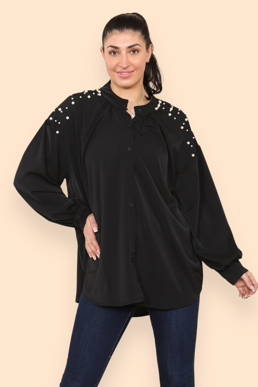 Pearls Studded Chiffon Blouse with Baggy Cuffed Sleeves Mandarin Collar