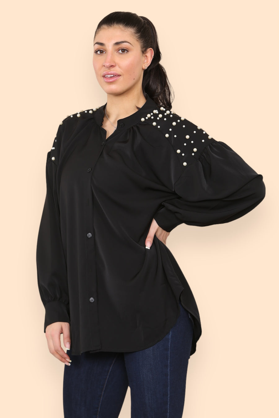 Pearls Studded Chiffon Blouse with Baggy Cuffed Sleeves Mandarin Collar