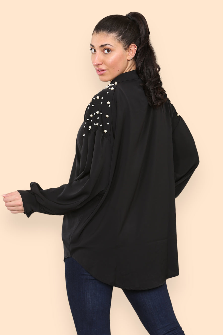 Pearls Studded Chiffon Blouse with Baggy Cuffed Sleeves Mandarin Collar