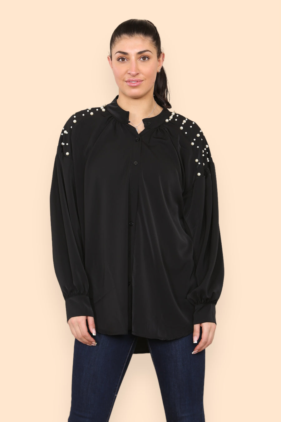 Pearls Studded Chiffon Blouse with Baggy Cuffed Sleeves Mandarin Collar