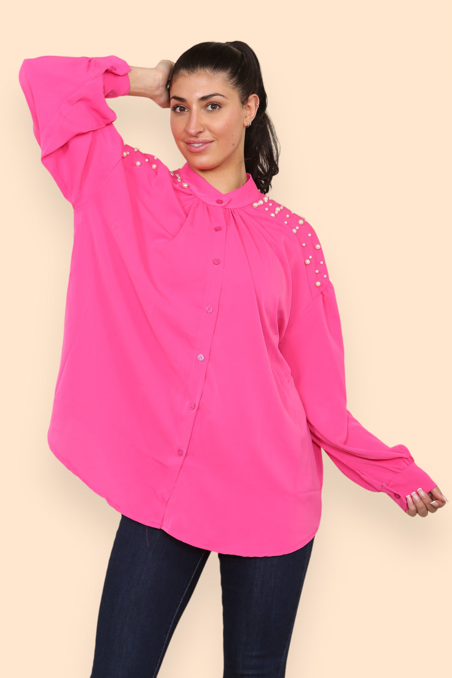 Pearls Studded Chiffon Blouse with Baggy Cuffed Sleeves Mandarin Collar