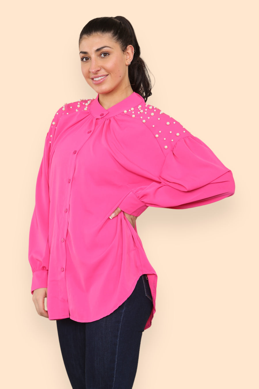 Pearls Studded Chiffon Blouse with Baggy Cuffed Sleeves Mandarin Collar