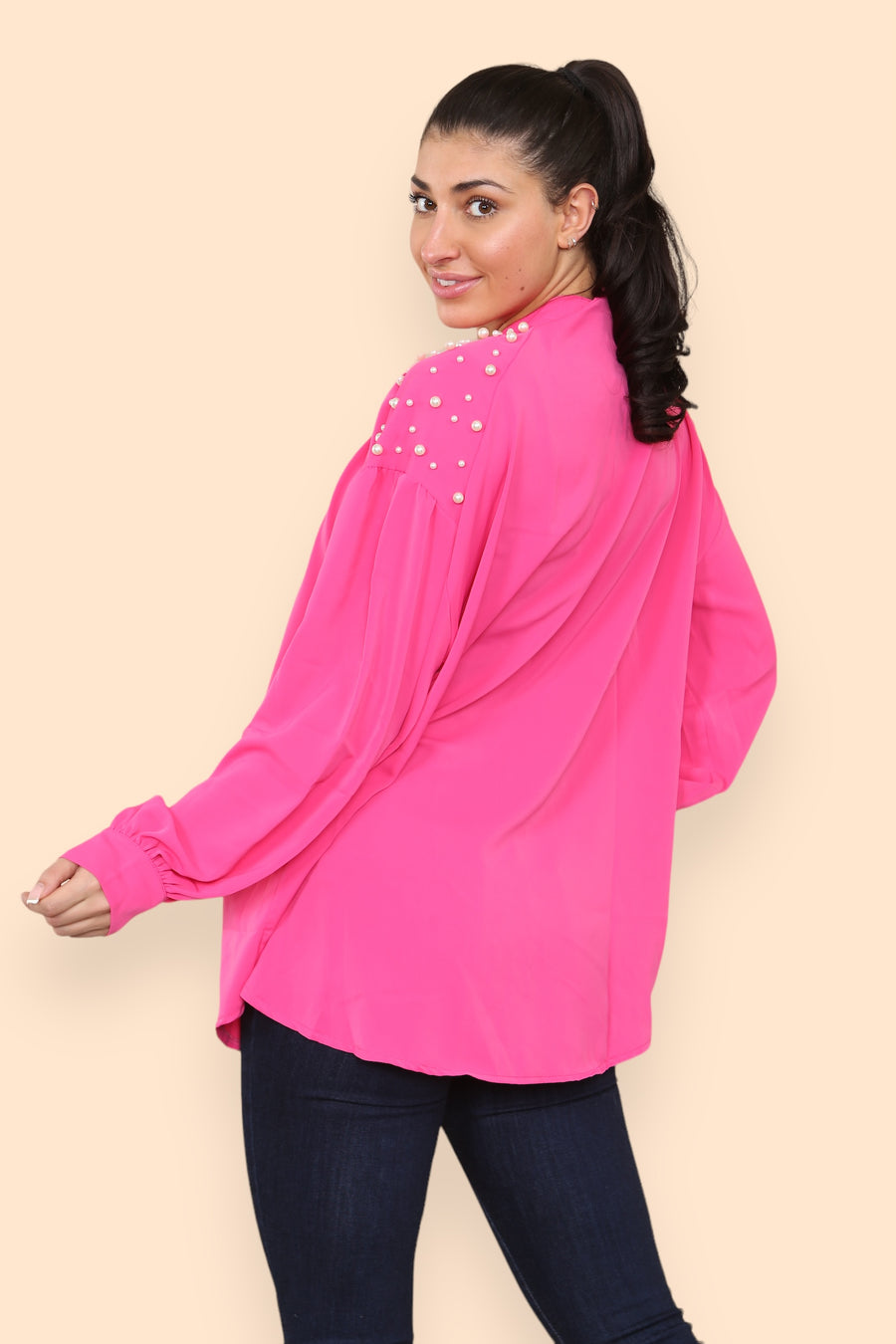 Pearls Studded Chiffon Blouse with Baggy Cuffed Sleeves Mandarin Collar