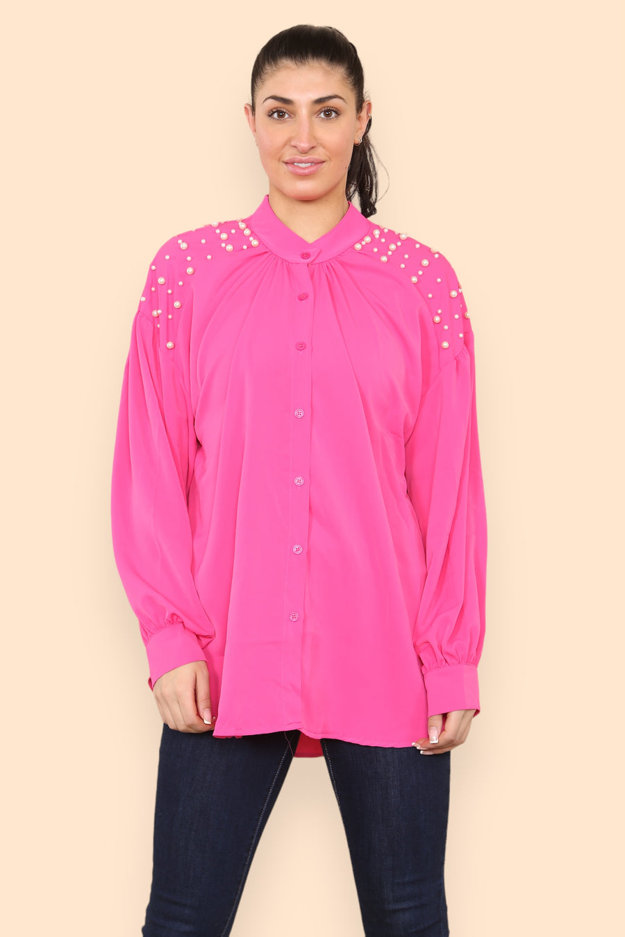 Pearls Studded Chiffon Blouse with Baggy Cuffed Sleeves Mandarin Collar