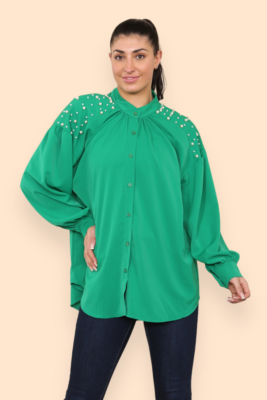 Pearls Studded Chiffon Blouse with Baggy Cuffed Sleeves Mandarin Collar