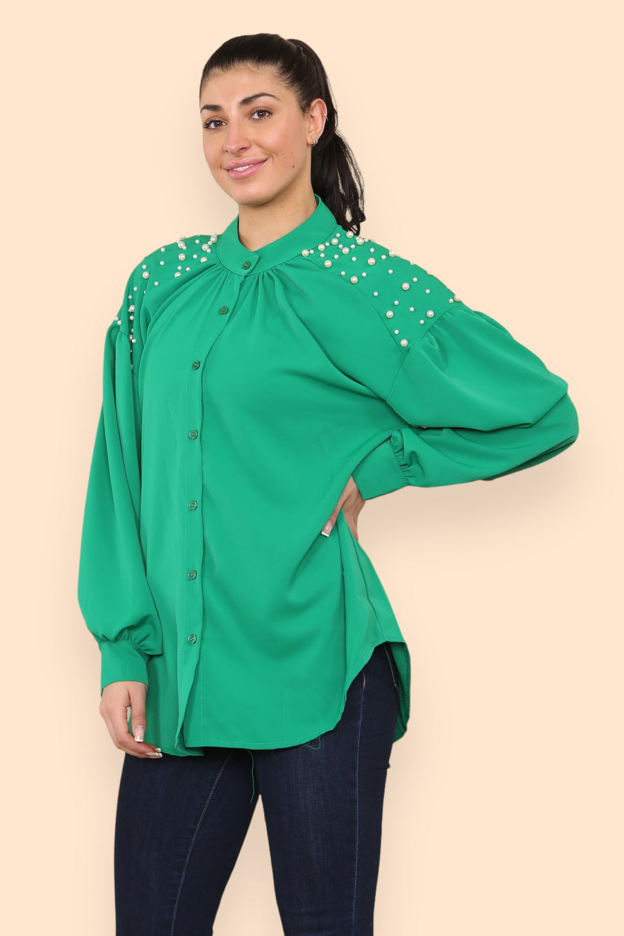 Pearls Studded Chiffon Blouse with Baggy Cuffed Sleeves Mandarin Collar