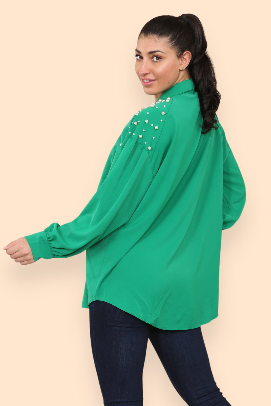 Pearls Studded Chiffon Blouse with Baggy Cuffed Sleeves Mandarin Collar