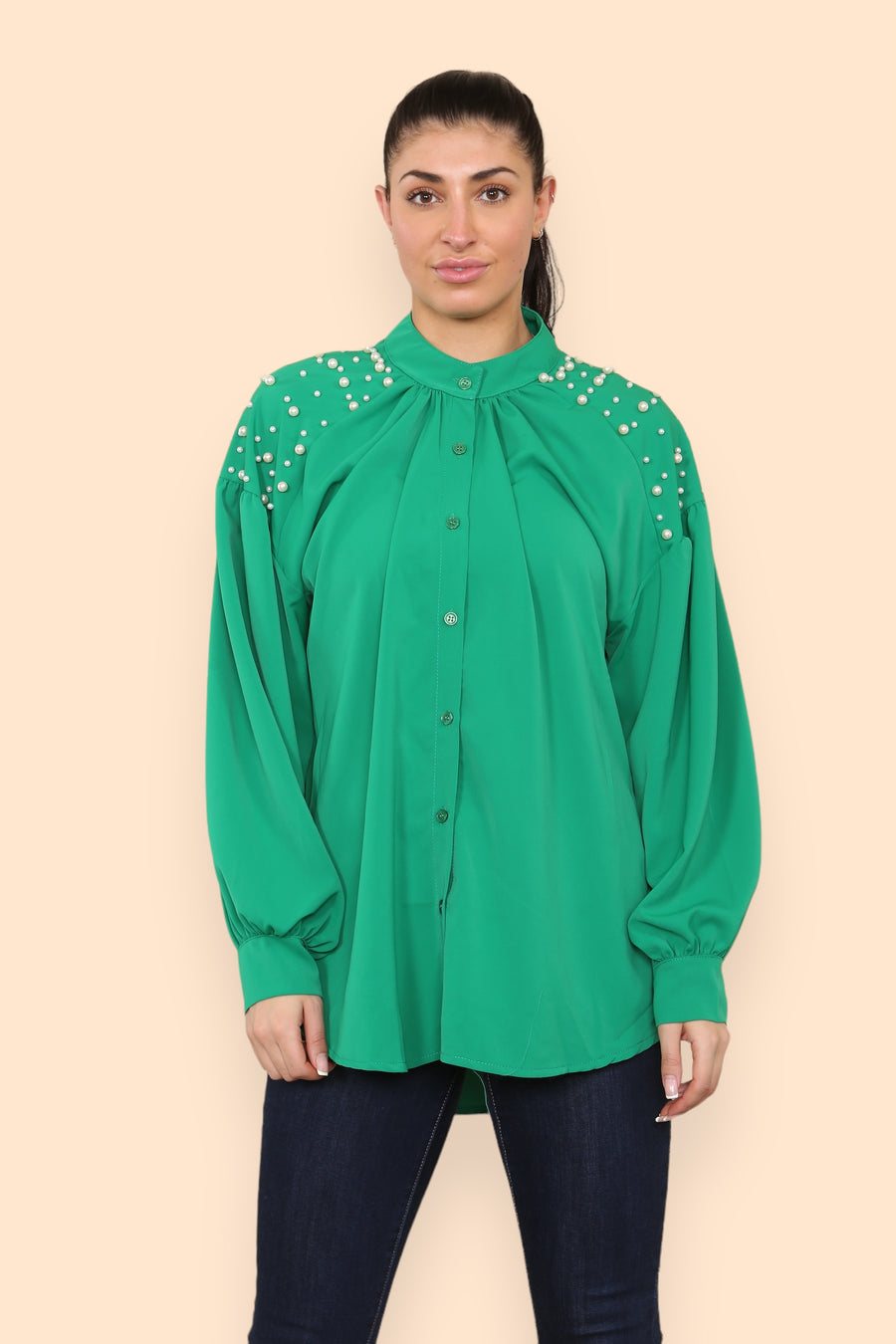 Pearls Studded Chiffon Blouse with Baggy Cuffed Sleeves Mandarin Collar