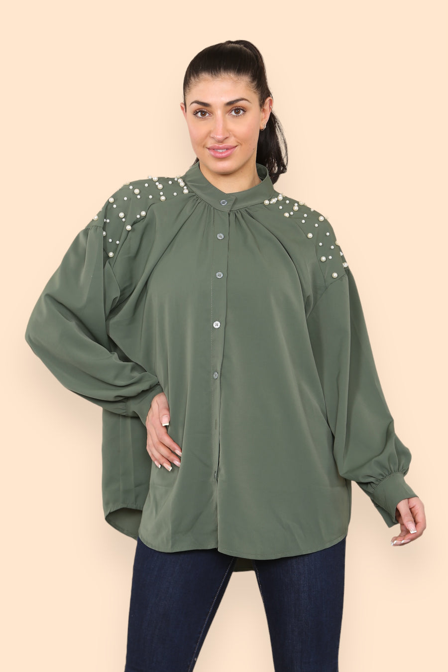 Pearls Studded Chiffon Blouse with Baggy Cuffed Sleeves Mandarin Collar