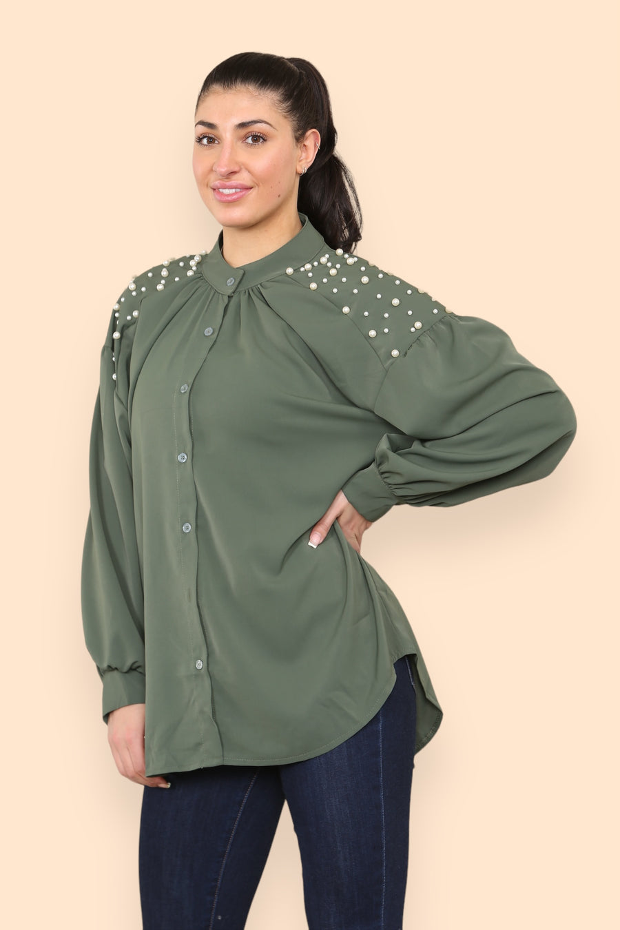 Pearls Studded Chiffon Blouse with Baggy Cuffed Sleeves Mandarin Collar