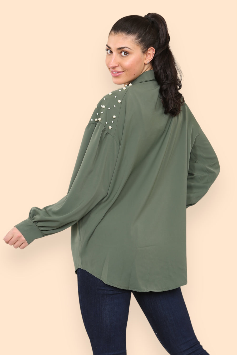 Pearls Studded Chiffon Blouse with Baggy Cuffed Sleeves Mandarin Collar