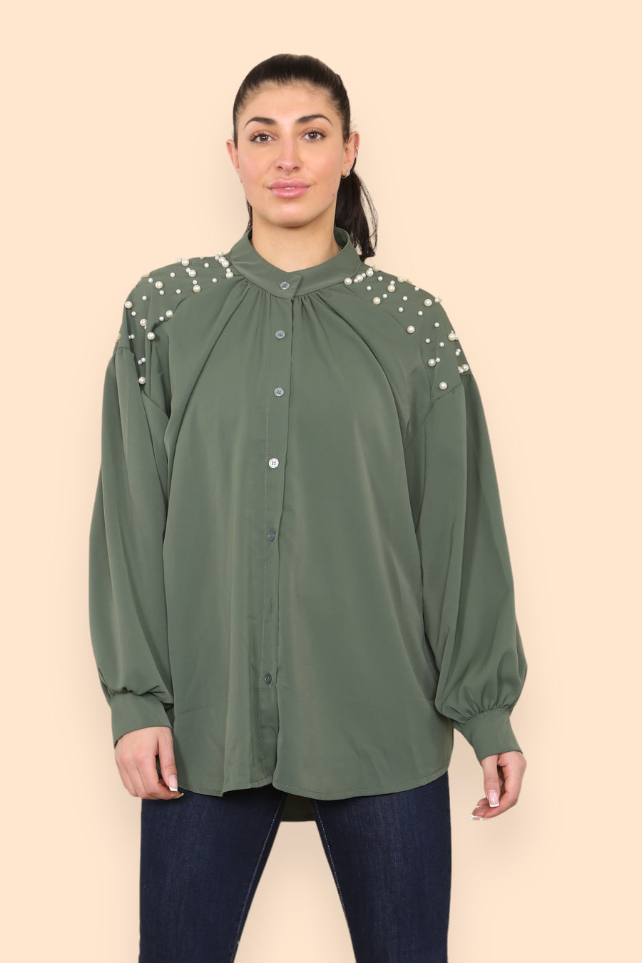 Pearls Studded Chiffon Blouse with Baggy Cuffed Sleeves Mandarin Collar