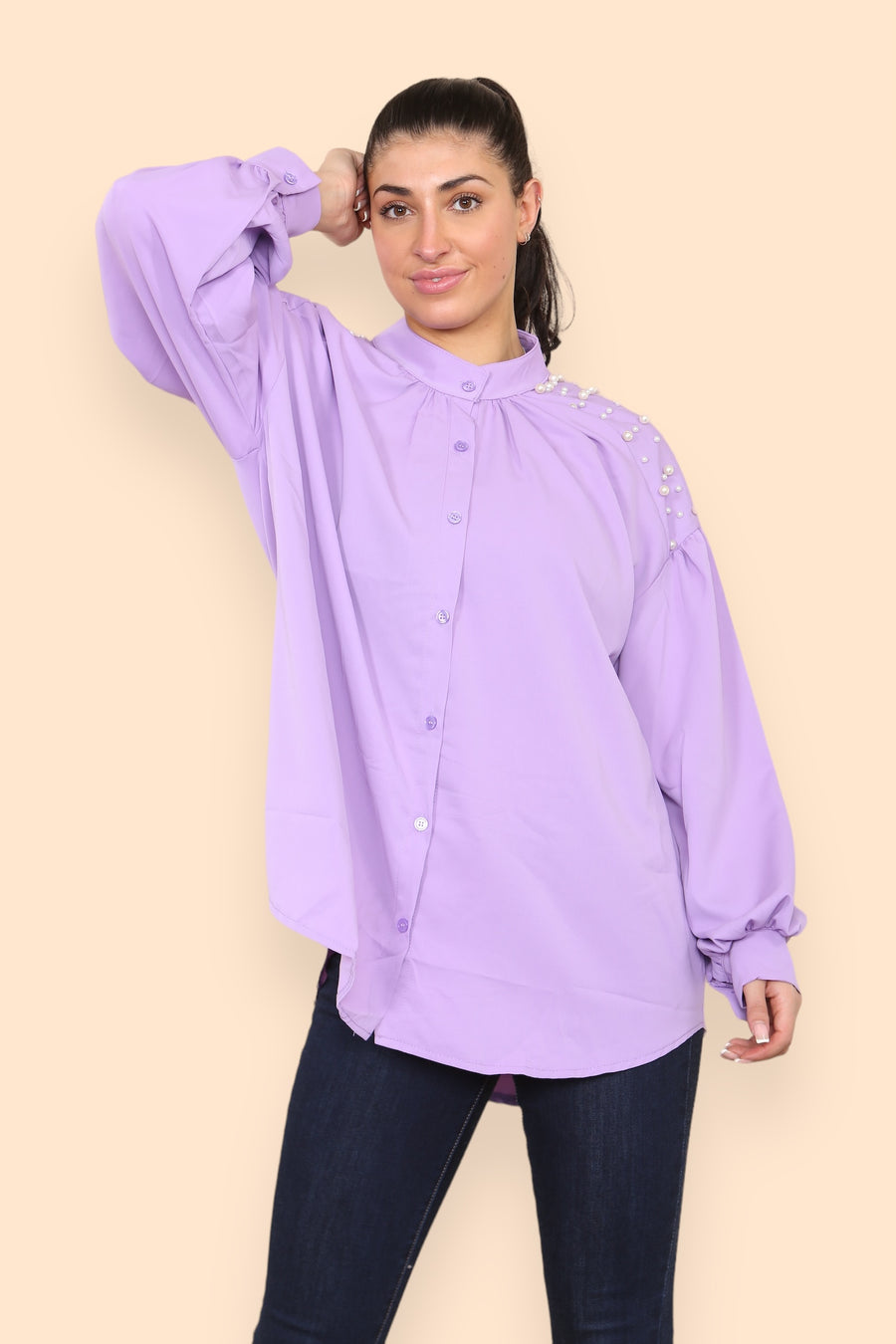 Pearls Studded Chiffon Blouse with Baggy Cuffed Sleeves Mandarin Collar