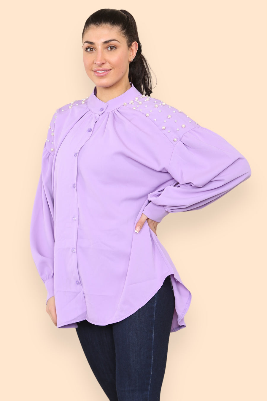 Pearls Studded Chiffon Blouse with Baggy Cuffed Sleeves Mandarin Collar