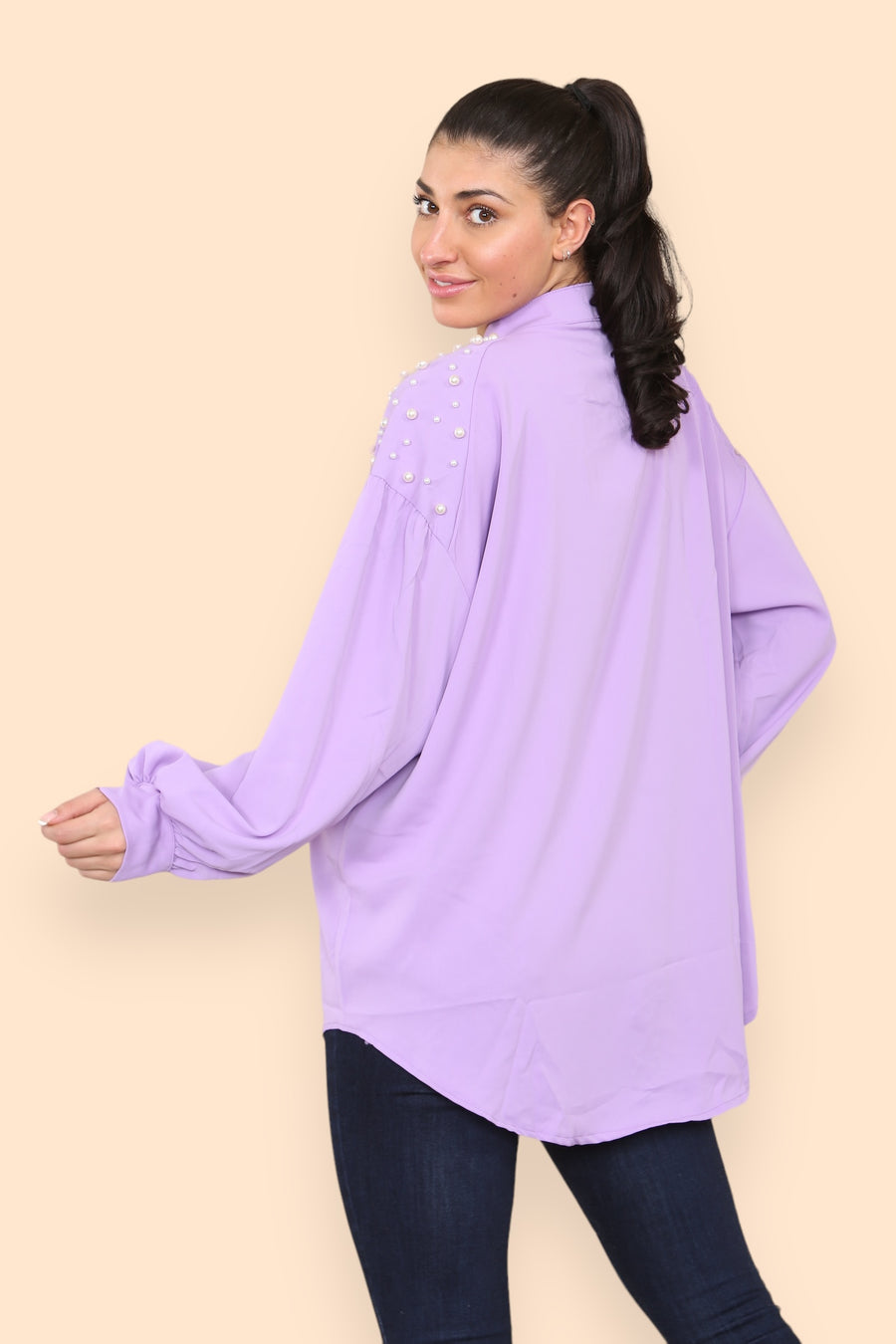 Pearls Studded Chiffon Blouse with Baggy Cuffed Sleeves Mandarin Collar