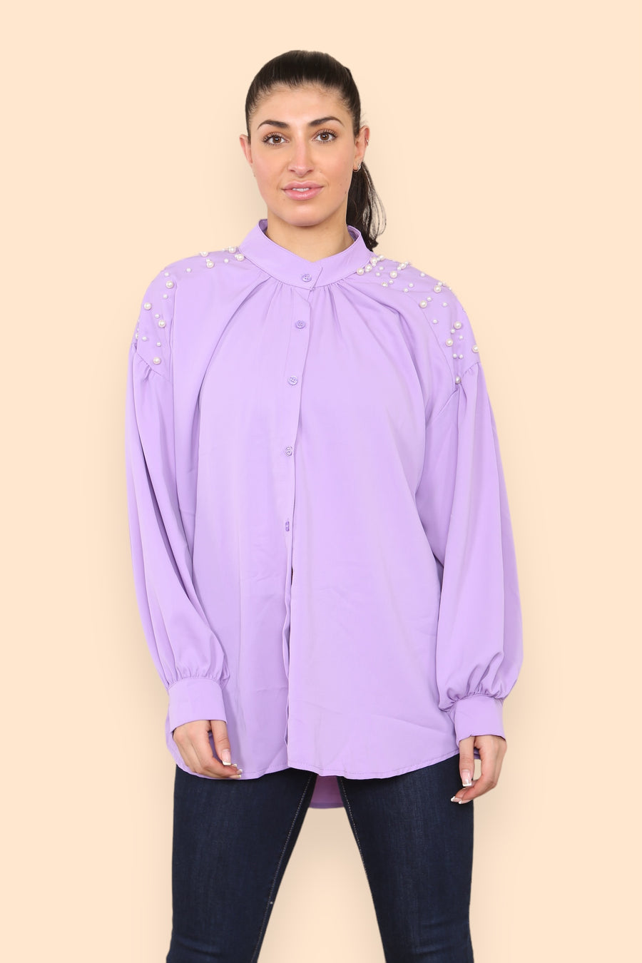 Pearls Studded Chiffon Blouse with Baggy Cuffed Sleeves Mandarin Collar