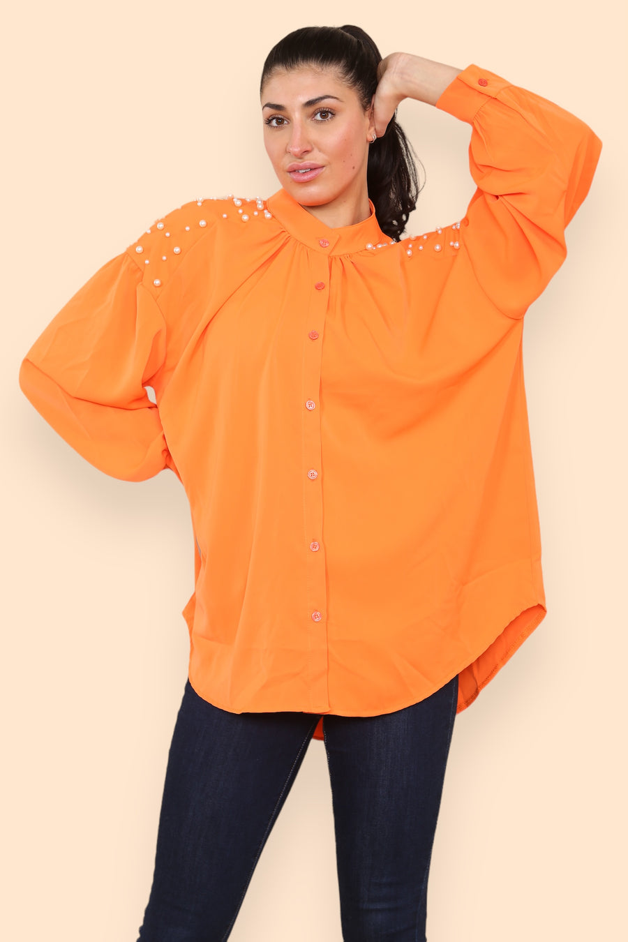 Pearls Studded Chiffon Blouse with Baggy Cuffed Sleeves Mandarin Collar