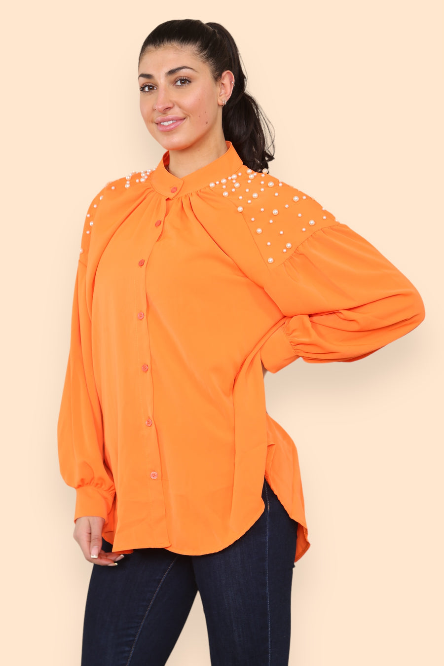 Pearls Studded Chiffon Blouse with Baggy Cuffed Sleeves Mandarin Collar