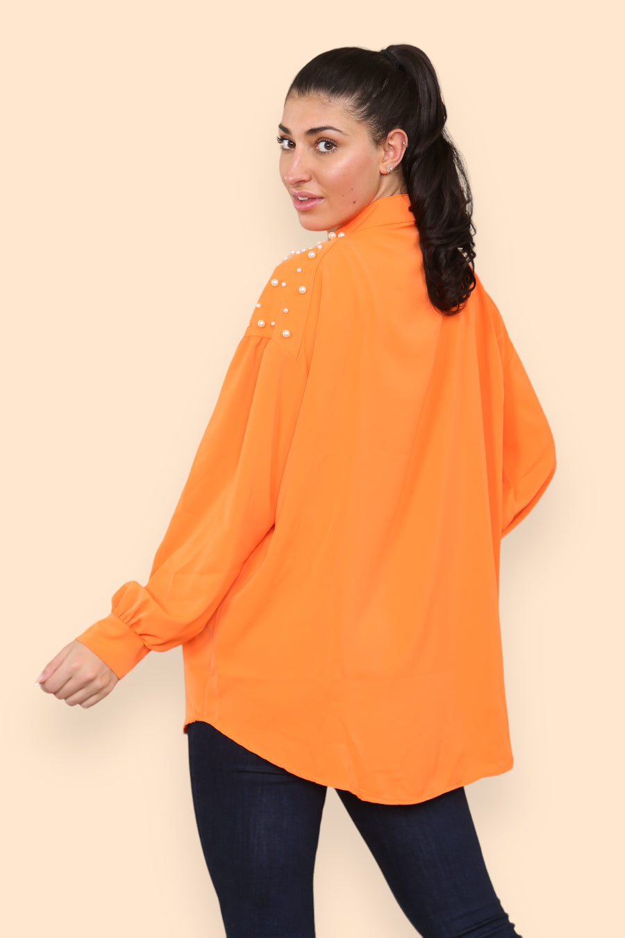 Pearls Studded Chiffon Blouse with Baggy Cuffed Sleeves Mandarin Collar