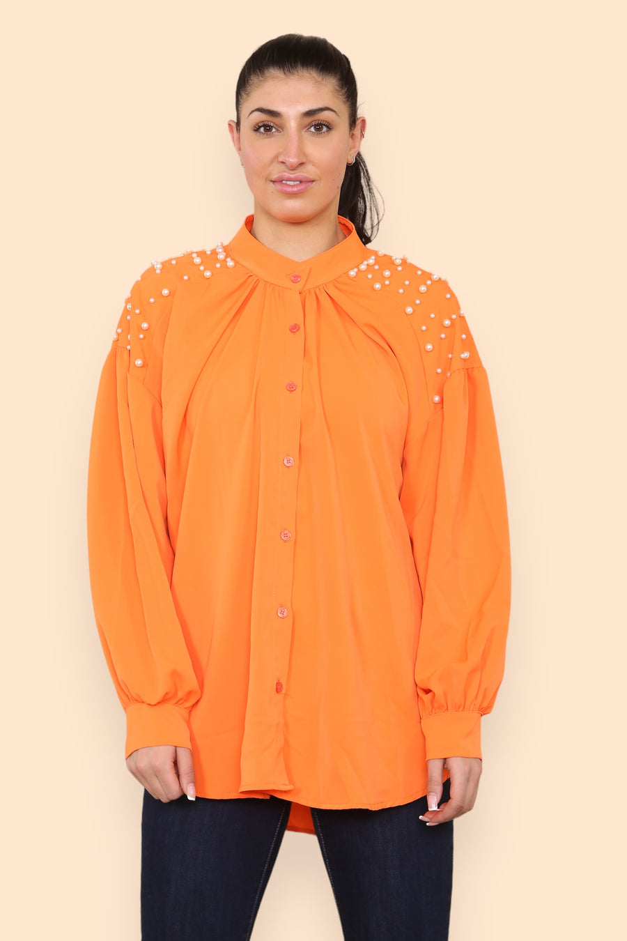 Pearls Studded Chiffon Blouse with Baggy Cuffed Sleeves Mandarin Collar