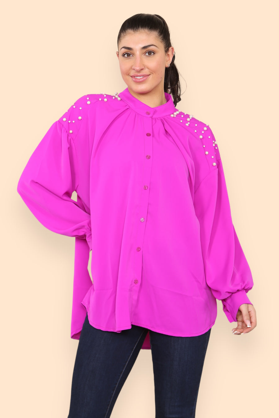 Pearls Studded Chiffon Blouse with Baggy Cuffed Sleeves Mandarin Collar