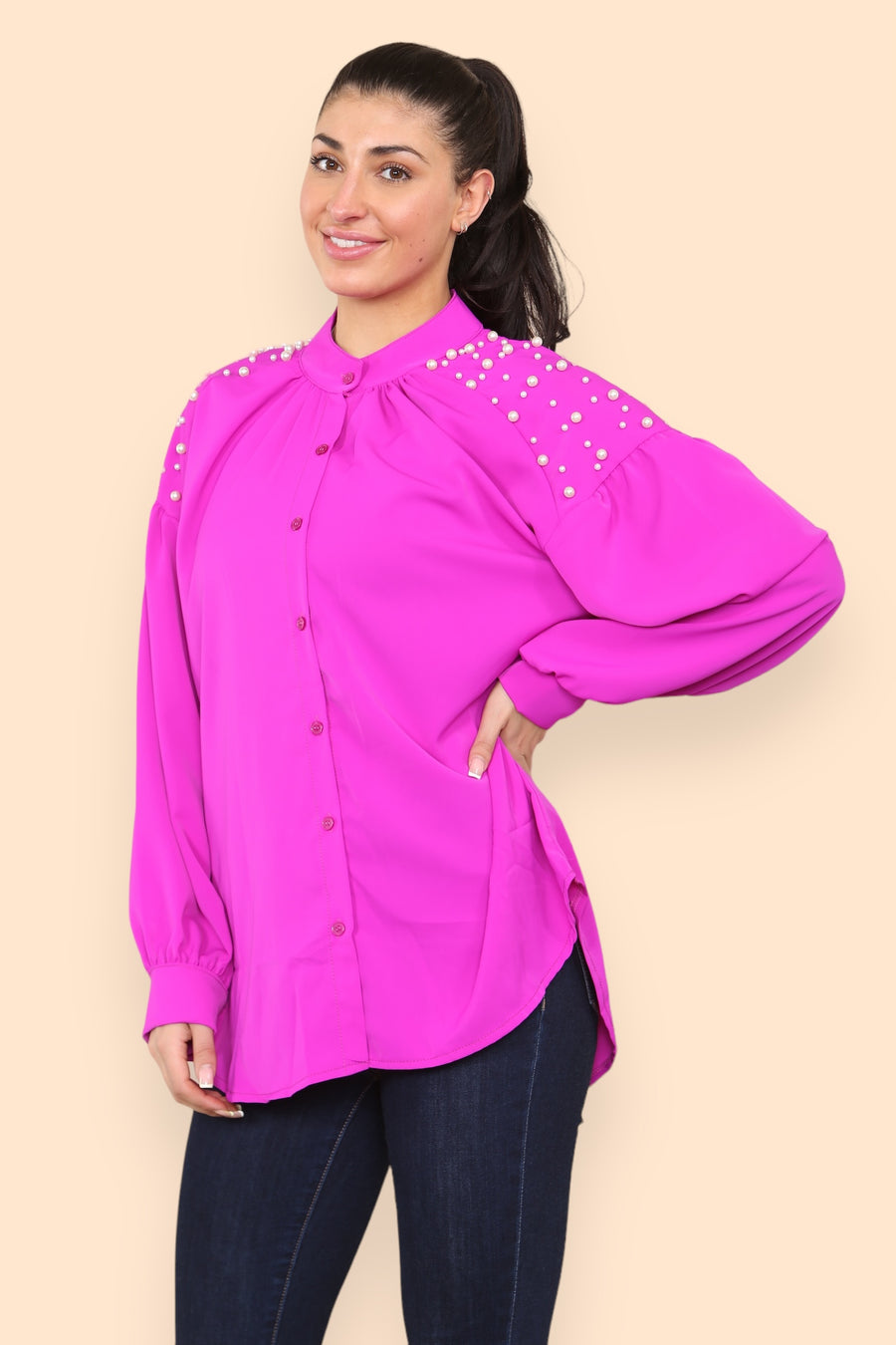 Pearls Studded Chiffon Blouse with Baggy Cuffed Sleeves Mandarin Collar