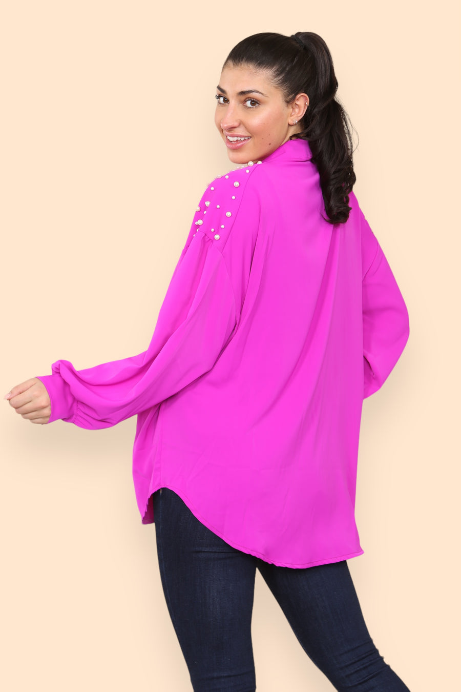 Pearls Studded Chiffon Blouse with Baggy Cuffed Sleeves Mandarin Collar