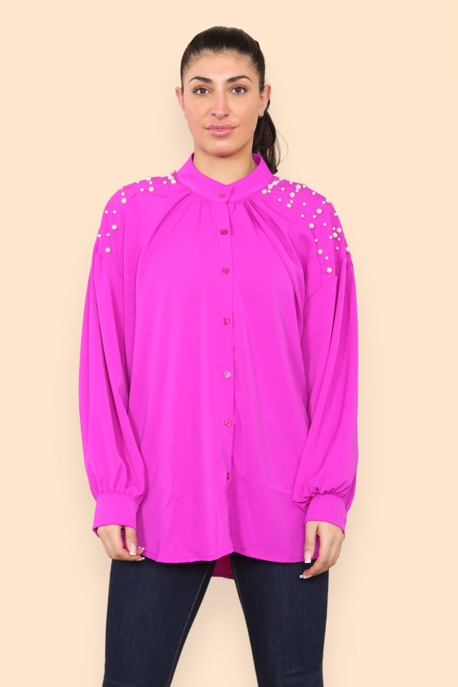 Pearls Studded Chiffon Blouse with Baggy Cuffed Sleeves Mandarin Collar