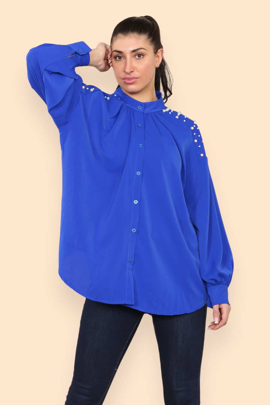 Pearls Studded Chiffon Blouse with Baggy Cuffed Sleeves Mandarin Collar