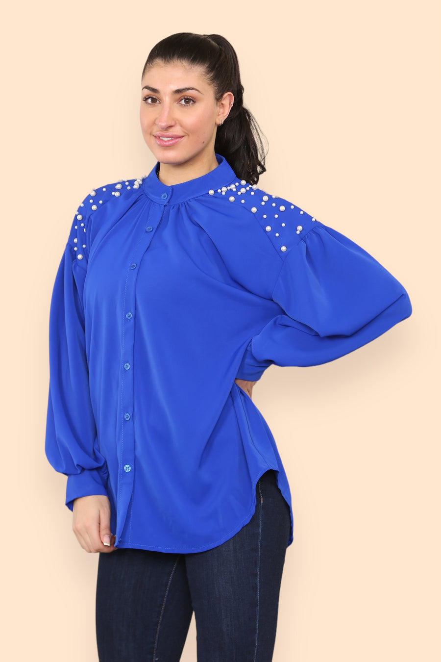 Pearls Studded Chiffon Blouse with Baggy Cuffed Sleeves Mandarin Collar