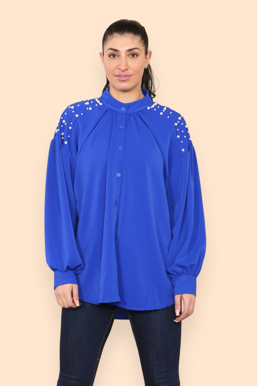 Pearls Studded Chiffon Blouse with Baggy Cuffed Sleeves Mandarin Collar