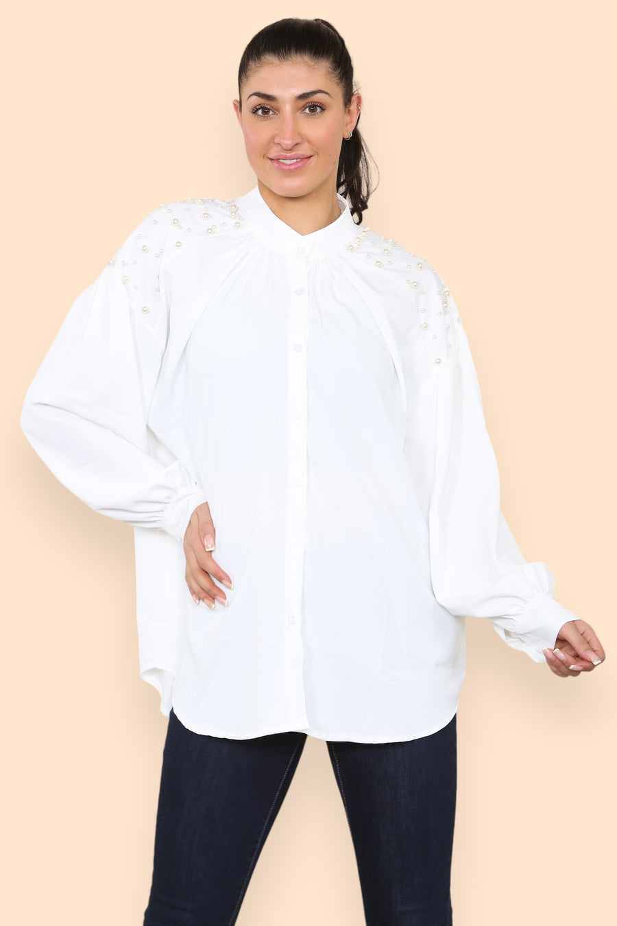 Pearls Studded Chiffon Blouse with Baggy Cuffed Sleeves Mandarin Collar