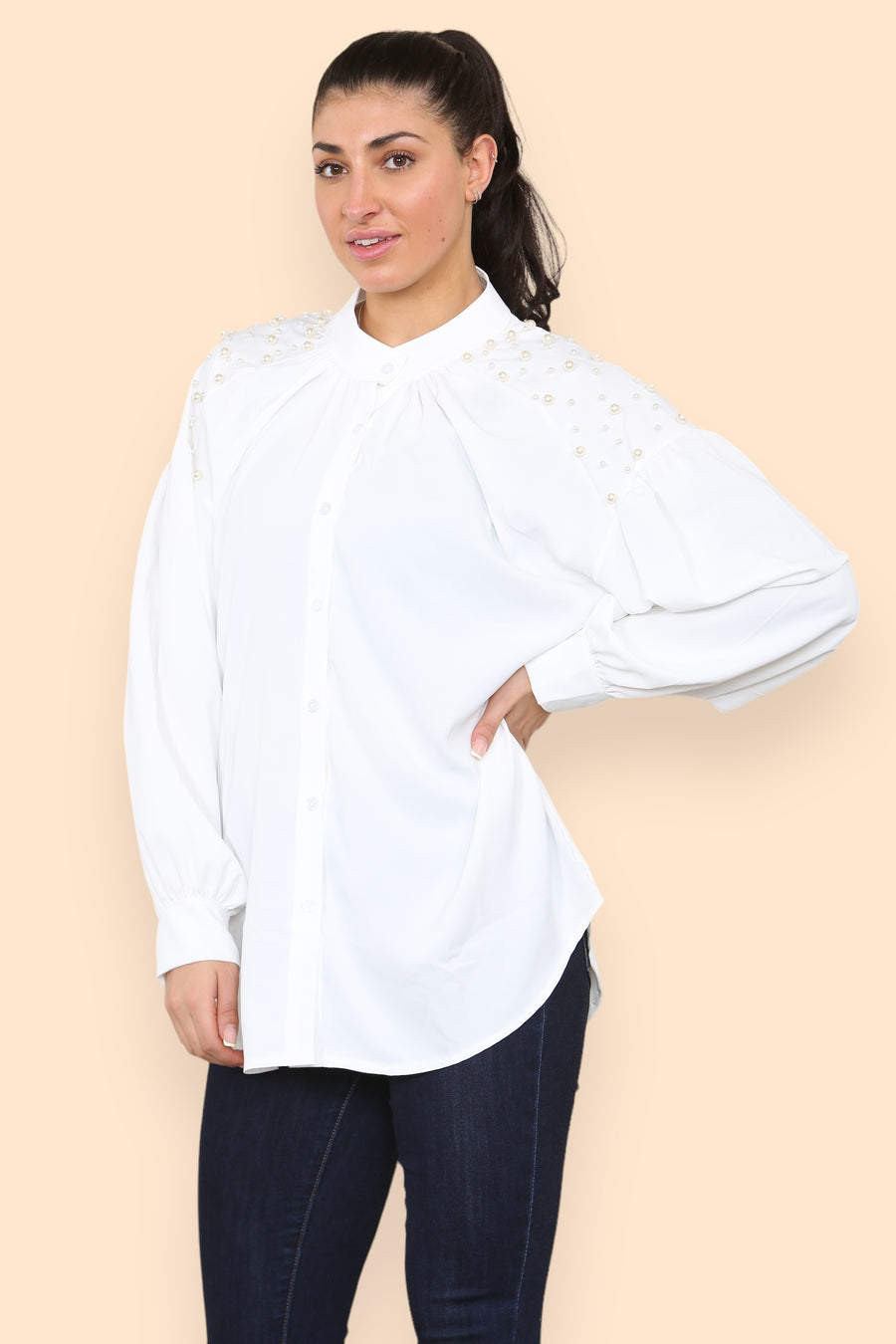 Pearls Studded Chiffon Blouse with Baggy Cuffed Sleeves Mandarin Collar