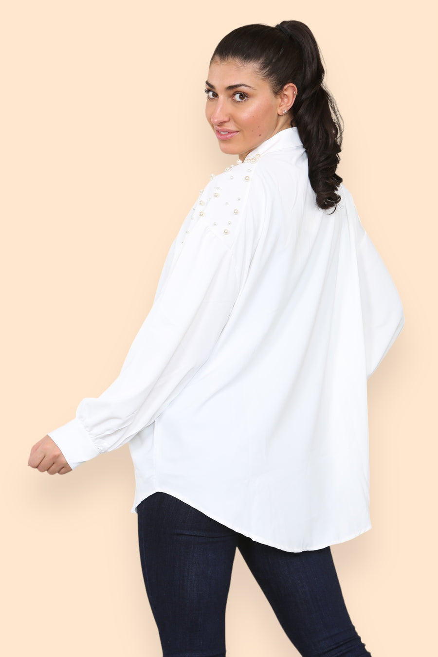 Pearls Studded Chiffon Blouse with Baggy Cuffed Sleeves Mandarin Collar