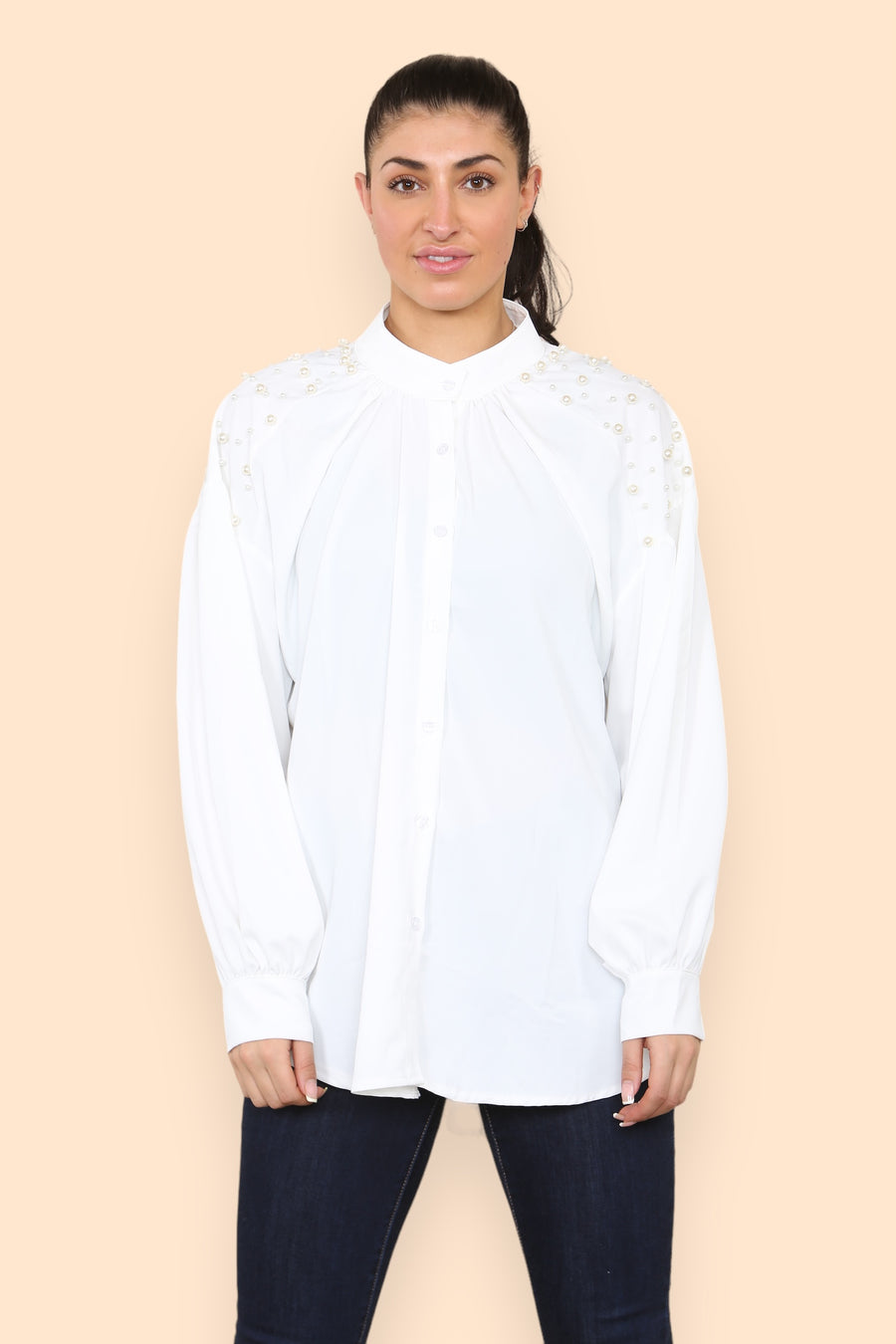 Pearls Studded Chiffon Blouse with Baggy Cuffed Sleeves Mandarin Collar