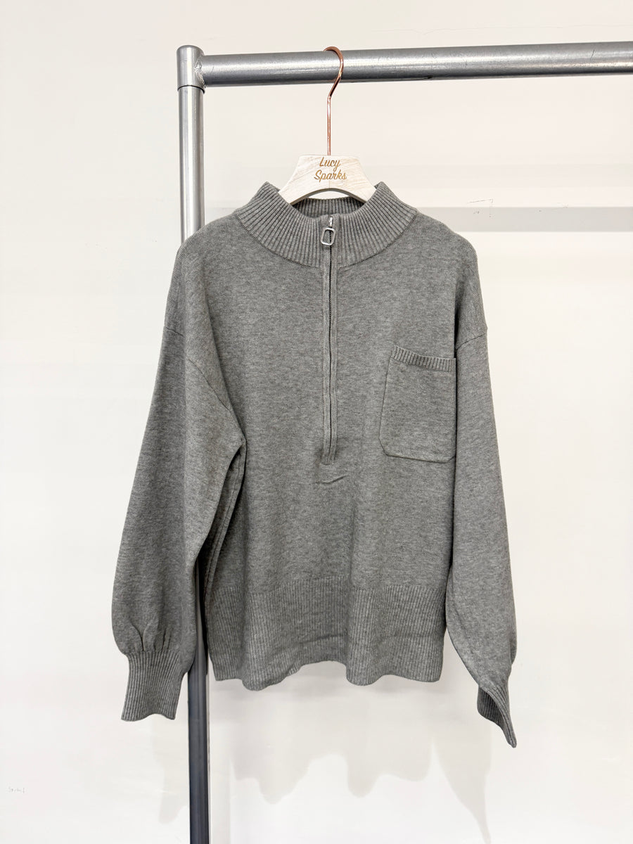 Half Length Zip Heavy Knit Jumper With Chest Pocket