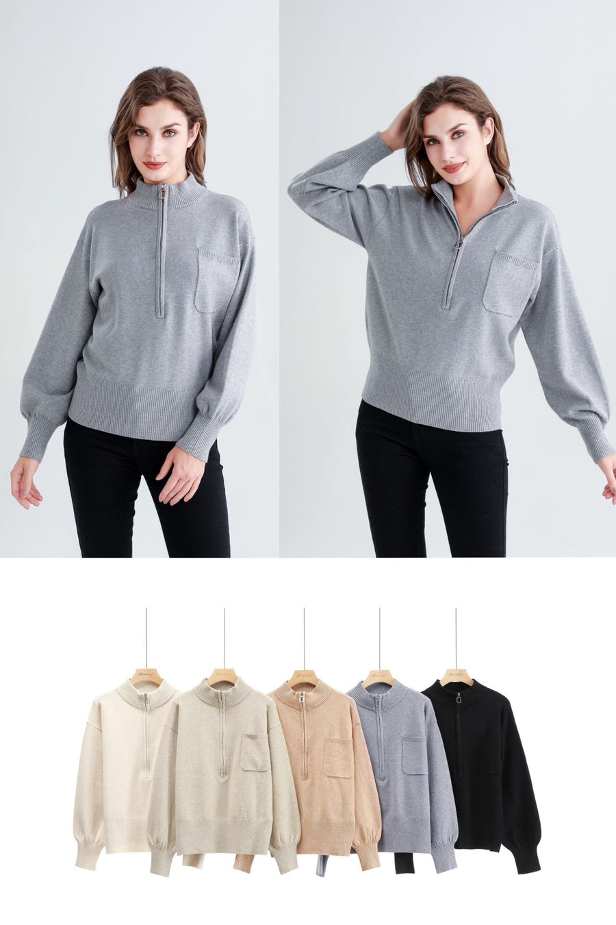 Half Length Zip Heavy Knit Jumper With Chest Pocket