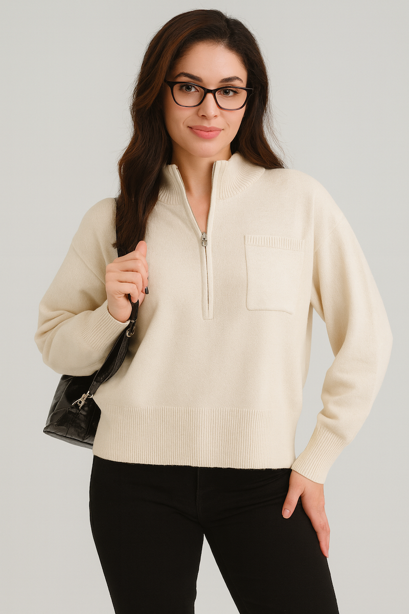 HALF LENGTH ZIP UP HEAVY KNIT JUMPER WITH CHEST POCKET