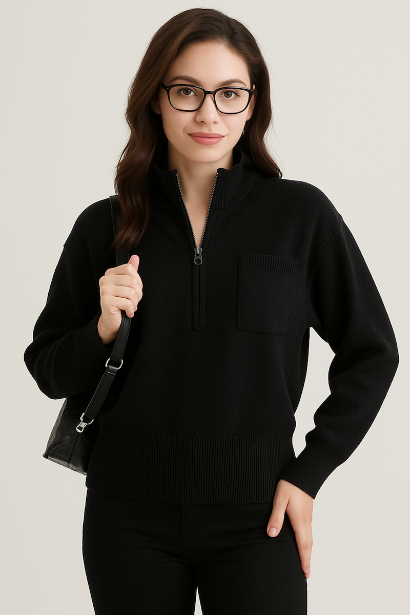 HALF LENGTH ZIP UP HEAVY KNIT JUMPER WITH CHEST POCKET