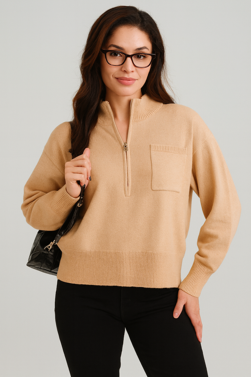 HALF LENGTH ZIP UP HEAVY KNIT JUMPER WITH CHEST POCKET