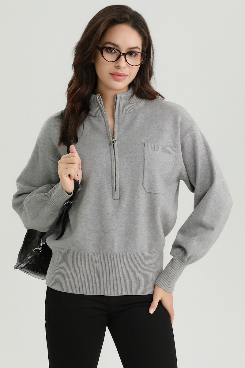HALF LENGTH ZIP UP HEAVY KNIT JUMPER WITH CHEST POCKET