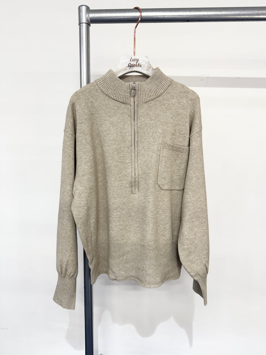 Half Length Zip Heavy Knit Jumper With Chest Pocket