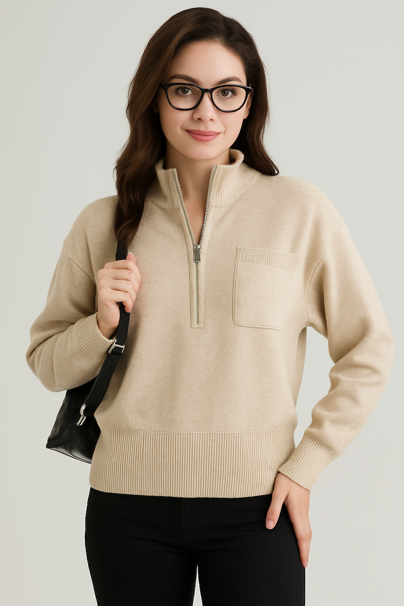 HALF LENGTH ZIP UP HEAVY KNIT JUMPER WITH CHEST POCKET