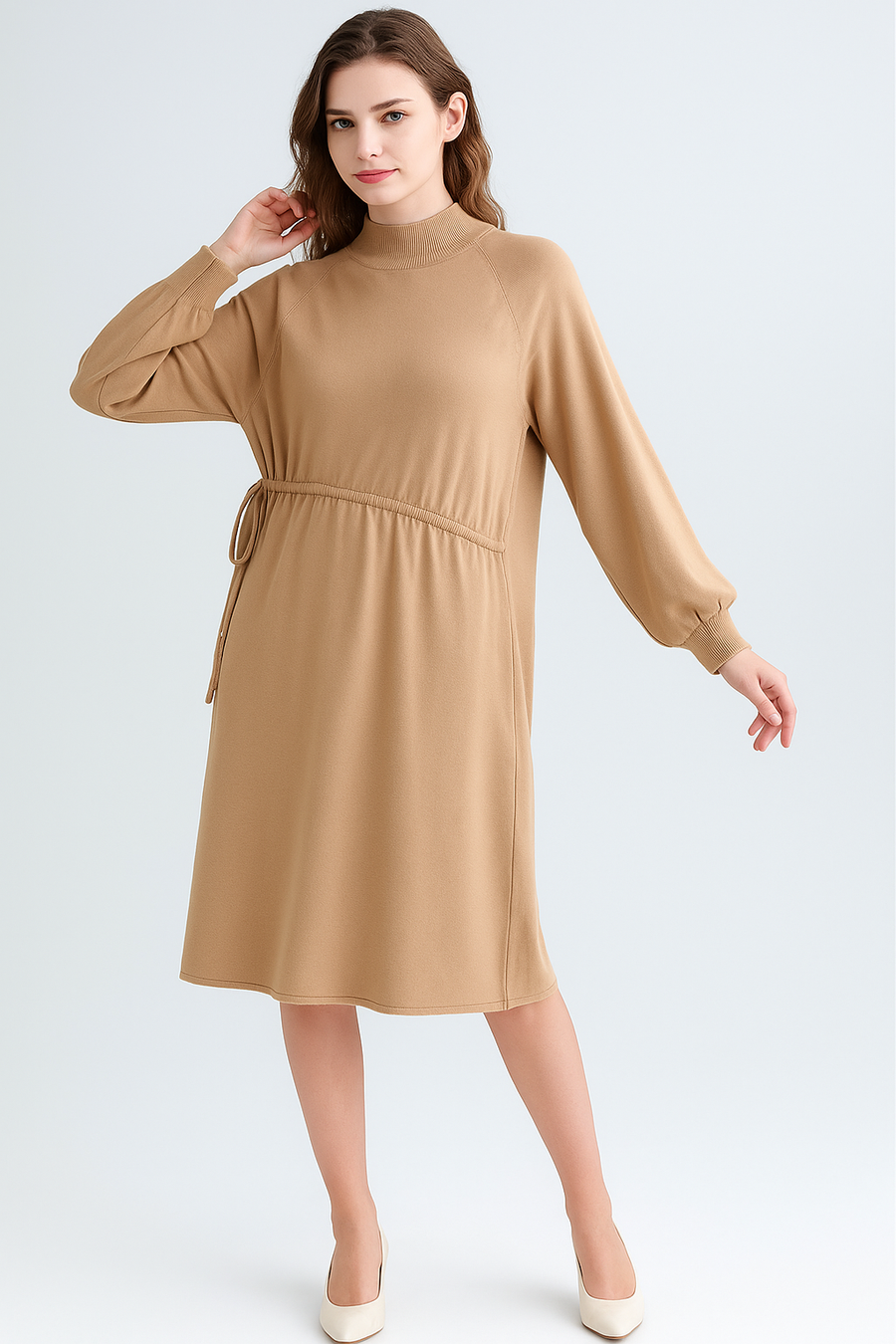 Soft Knit Dress With Raglan Sleeves And Ruching Across