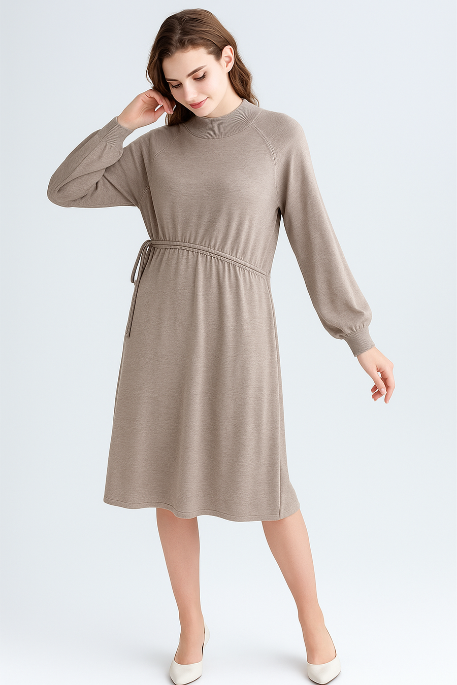 Soft Knit Dress With Raglan Sleeves And Ruching Across