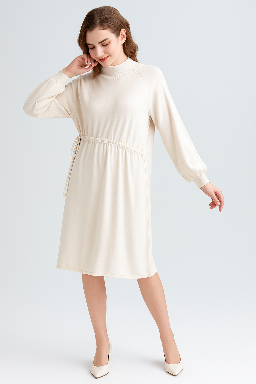 Soft Knit Dress With Raglan Sleeves And Ruching Across