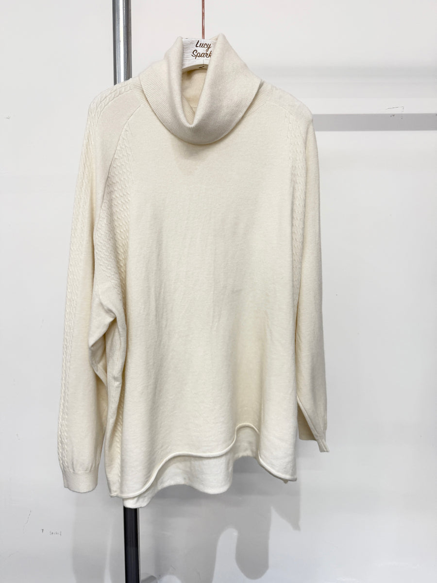 Wool Blend Soft Knit Roll Neck Jumper With Raglan Sleeves And Cable Knitting