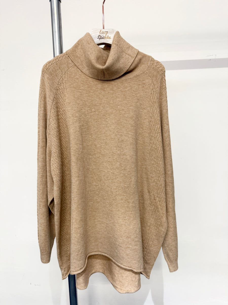 Wool Blend Soft Knit Roll Neck Jumper With Raglan Sleeves And Cable Knitting