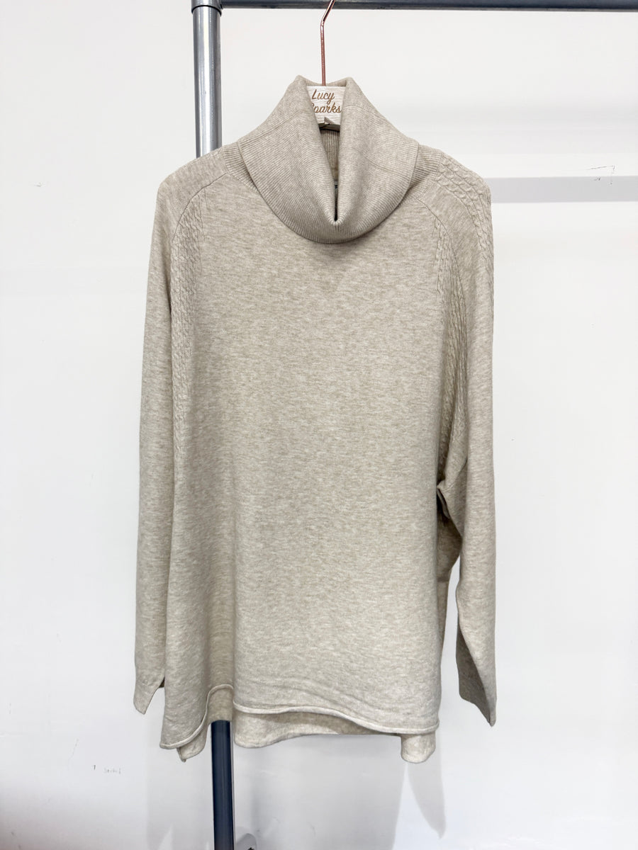 Wool Blend Soft Knit Roll Neck Jumper With Raglan Sleeves And Cable Knitting